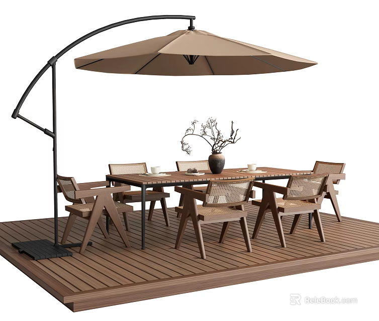 Outdoor Table with Chairs and Patio Umbrella on Wooden Deck with Decorative Branch 3d model 