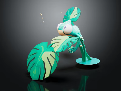 Vibrant Green Decorative Ornament With Large Tropical Leaves And Small Figure On Round Base 3d model