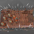 Ancient War Chariot Featuring Wooden Structure Spikes Large Wheels And Jars