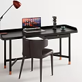 Modern Black Desk With Laptop Red Lamp Decorative Item Green Cup And Brown Chair