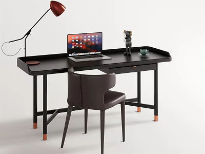 Modern Black Desk With Laptop Red Lamp Decorative Item Green Cup And Brown Chair 3d model
