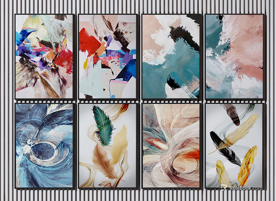 Set of Abstract Oil Paintings Featuring Colorful Feather Elements and Artistic Design 3d model 