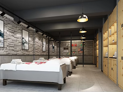 Modern Beauty Salon Interior With Comfortable Beds Towels Pendant Lights Decorative Paintings And Wooden Lockers 3d model