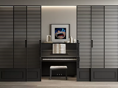 Black Sliding Doors In Modern Interior With Piano Framed Art And Decorative Vases 3d model