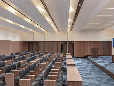 Spacious Modern Conference Room Interior With Wooden Panel Walls Rows Of Seats And Carpeted Floor 3d model