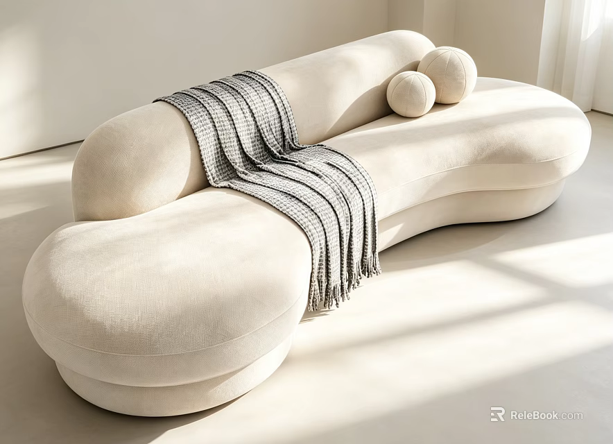 Luxury Cream White Irregular Shaped Plush Sofa With Decorative Blanket And Pillows For Modern Interior 3d model 