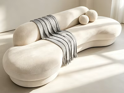 Luxury Cream White Irregular Shaped Plush Sofa With Decorative Blanket And Pillows For Modern Interior 3d model
