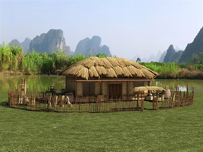 Traditional Thatched Cottage With Bamboo Fence in Lakeside Mountain Grassland 3d model