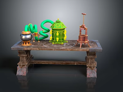 Vintage Stone Table With Decorative Objects Green Spiral Tower And Silver Container 3d model