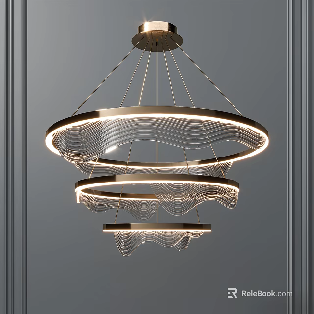 Modern Three Tier Circular Chandelier With Wavy Lines And Warm Metallic Lighting 3d model 
