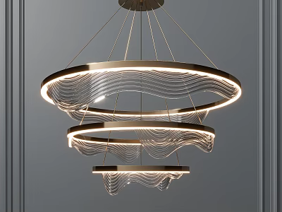 Modern Three Tier Circular Chandelier With Wavy Lines And Warm Metallic Lighting 3d model