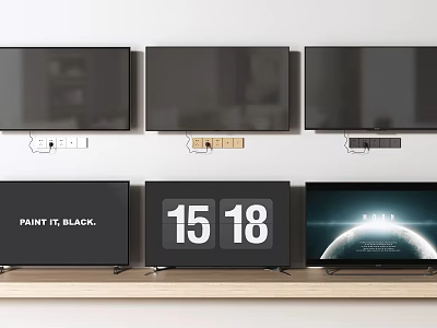 Modern TV Setup with Wall Mounted and Shelf TVs Showing Different Screens 3d model