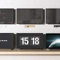 Modern TV Setup with Wall Mounted and Shelf TVs Showing Different Screens 3d model