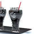 Two Glasses of Coca-Cola With Ice Cubes Red Straws on Black Tray and Water Droplets