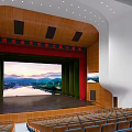 Cultural Center Auditorium Interior With Blue Seats Curved White Ceiling And Wooden Walls