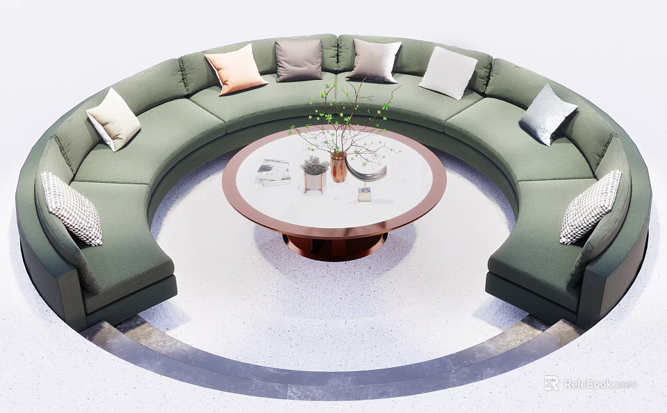 Green Circular Sectional Sofa with Colorful Cushions and Round Coffee Table on Terrazzo Floor 3d model 