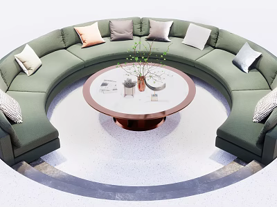 Green Circular Sectional Sofa with Colorful Cushions and Round Coffee Table on Terrazzo Floor 3d model