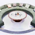Green Circular Sectional Sofa with Colorful Cushions and Round Coffee Table on Terrazzo Floor