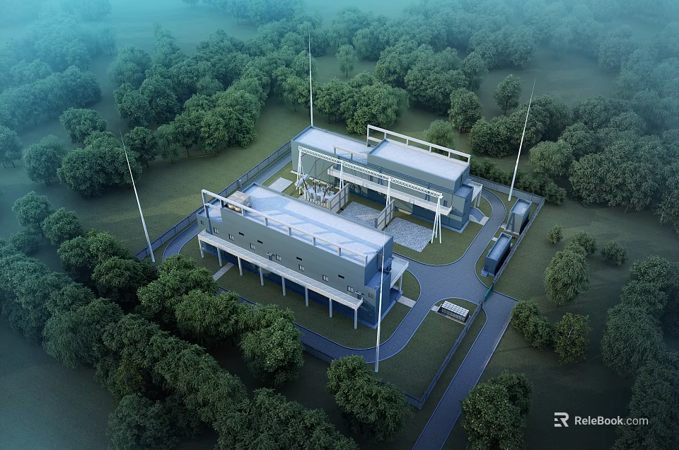Modern Industrial Factory Architecture With Green Tree Surroundings And Parking Area 3d model 