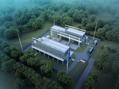 Modern Industrial Factory Architecture With Green Tree Surroundings And Parking Area 3d model
