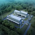 Modern Industrial Factory Architecture With Green Tree Surroundings And Parking Area