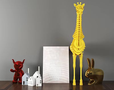 Decorative Ornament Set With Yellow Giraffe Red Sculpture White Houses Golden Rabbit And Striped Decor 3d model