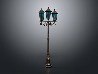 Vintage Street Lamp With Three Blue Glass Shades And Decorative Metal Pole 3d model