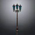 Vintage Street Lamp With Three Blue Glass Shades And Decorative Metal Pole