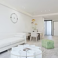 Modern Living And Dining Room Interior With White Walls Sofa Green Stool And Window Curtains
