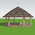 Multi Layered Thatched Roof Landscape Pavilion With Stone Base Columns And Grassland Setting