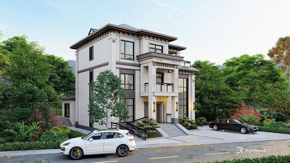 Elegant Detached Villa Exterior Design With Front Steps Lush Greenery And Parked Cars 3d model 