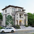 Elegant Detached Villa Exterior Design With Front Steps Lush Greenery And Parked Cars