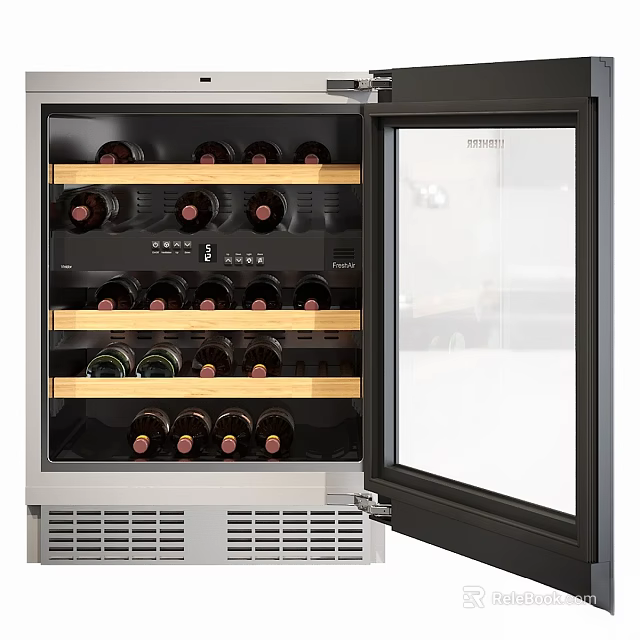 Modern Kitchen Wine Cooler With Glass Door And Wooden Shelves For Wine Bottles 3d model 