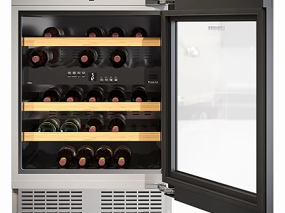Modern Kitchen Wine Cooler With Glass Door And Wooden Shelves For Wine Bottles 3d model