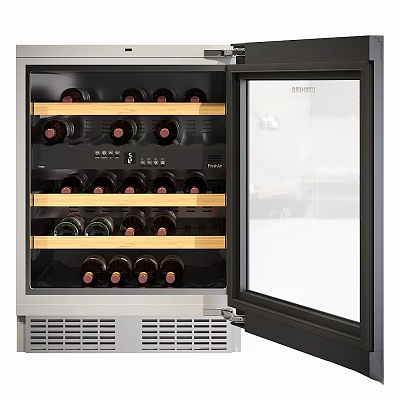 Modern Kitchen Wine Cooler With Glass Door And Wooden Shelves For Wine Bottles 3d model