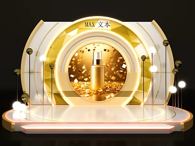 Golden Stage with Circular Arch Displaying Sparkling Bottle and Surrounding Decorative Lights 3d model