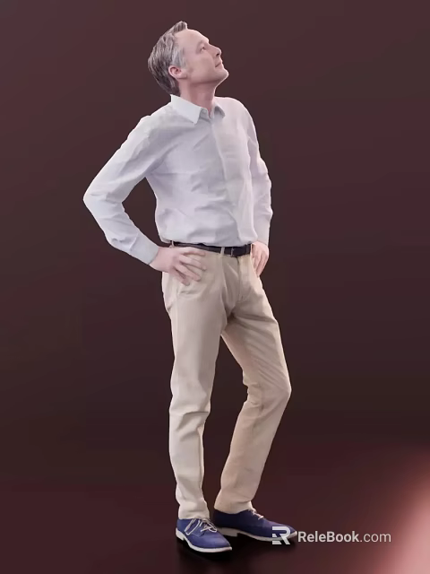 A Man In Light Shirt And Beige Pants With Hands On Hips Against Dark Background 3d model 