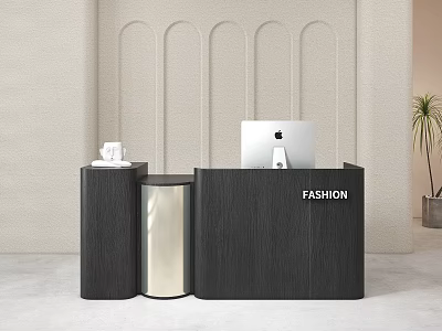 Modern Black Reception Desk With FASHION Sign Apple Computer Arched Wall And Potted Plant 3d model
