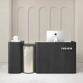 Modern Black Reception Desk With FASHION Sign Apple Computer Arched Wall And Potted Plant