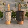 Natural Style Stone And Wooden Washbasin With Green Hanging Plants And Potted Greenery