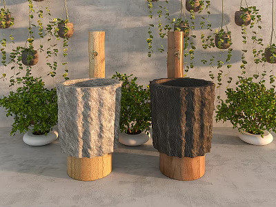 Natural Style Stone And Wooden Washbasin With Green Hanging Plants And Potted Greenery 3d model