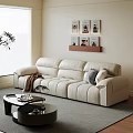 Modern Living Room With White Leather Sofa Round Coffee Table Wall Shelf And Potted Plant