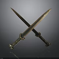 Crossed Ancient Swords With Metallic Shine And Decorative Hilts On Dark Background