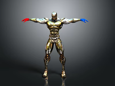 Metallic Armored Robot With Red Blue Gloves And Outstretched Arms 3d model