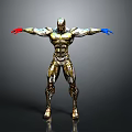 Metallic Armored Robot With Red Blue Gloves And Outstretched Arms