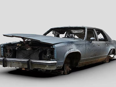 Rusty Abandoned Sedan Car With Open Hood And Damaged Body 3d model