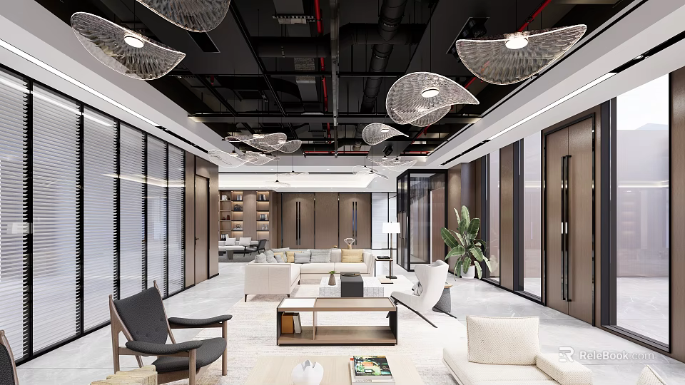 Modern Lounge Area Interior Design With Pendant Lights Sofas Coffee Tables Plants And Glass Partitions 3d model 