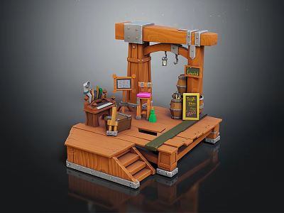 Wooden Work Desk With Tools Barrel Chalkboard Steps And Small Items On Platform 3d model