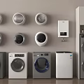 Various Washing Machines And Dryers With Wall Mounted Units And Storage Cabinets