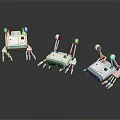 Three White Robots with Spider Like Legs Antennas and Green Indicator Lights on Black Background